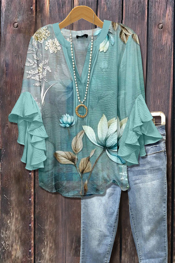 Elegant Floral Print Ruffle Sleeve Top