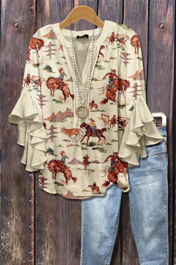 Western Cowboy Print Ruffle Sleeve Top