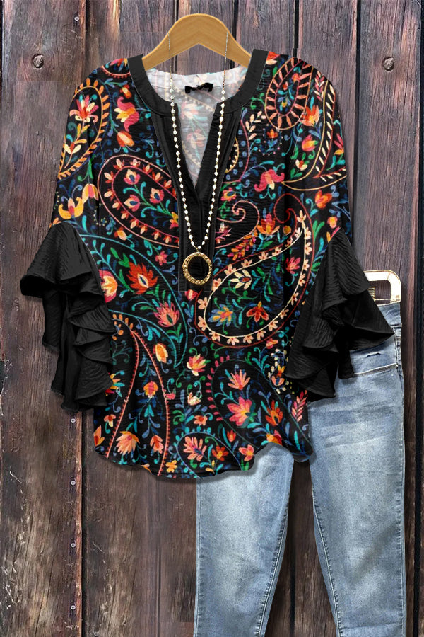 Colorful Paisley Print Ruffle Sleeve Top