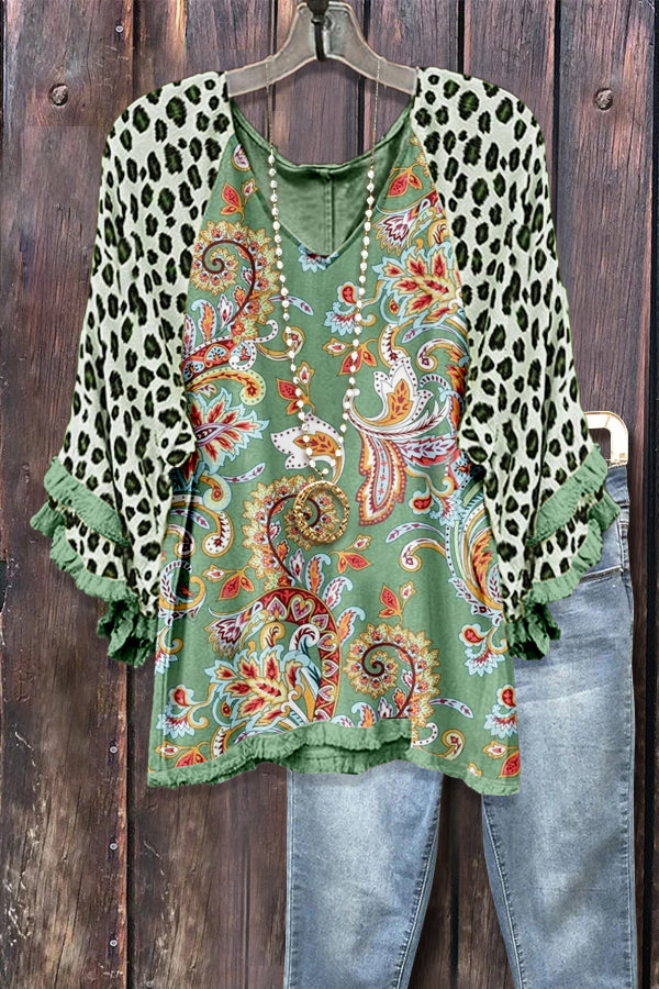 Paisley Print Leopard Ruffle Sleeve Top