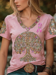Celtic Tree Of Life & Pink Ribbon Embroidered Cozy T Shirt