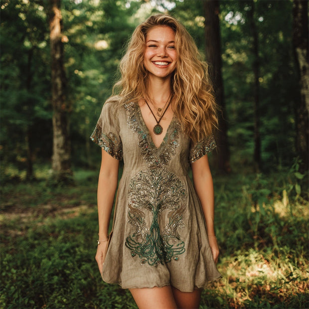 Vintage Sequined Tree Of Life Embroidery Women's Linen V-neck Mini Dress