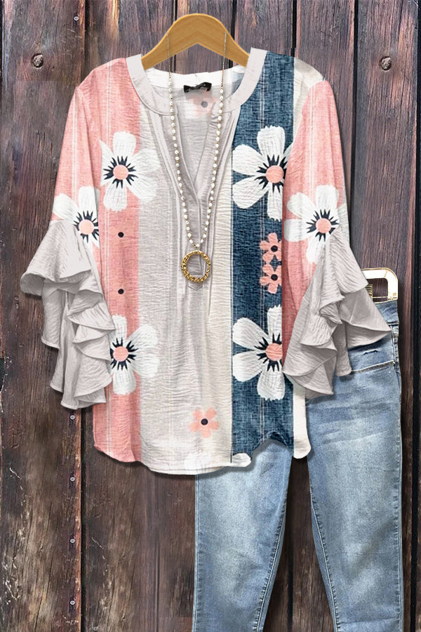Striped Floral Print Ruffle Sleeve Top
